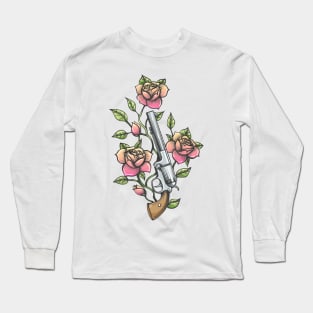 Revolver with Branch of Rose flower drawn in Tattoo style. Vector illustration. Long Sleeve T-Shirt